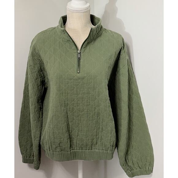 Madewell Quilted Quarter Zip Pullover Jacket Women's L Large Olive Green Cotton - Picture 1 of 1
